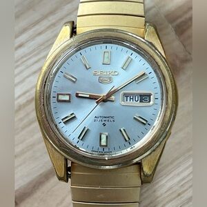 Seiko 5 Automatic Rare Vintage Men’s Watch Stainless Dial Gold Stretch Bracelet